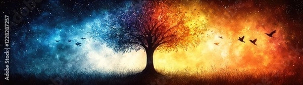 Fototapeta Mystical Star Wars-Inspired Glowing Tree with Cosmic Force Energy, Vibrant Colors, and Ethereal Galaxy