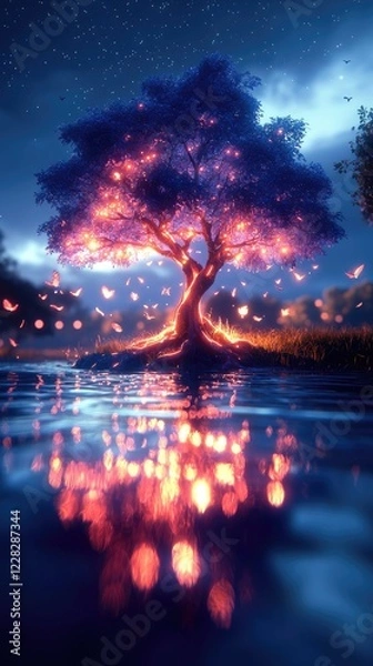 Fototapeta Mystical Star Wars-Inspired Glowing Tree with Cosmic Force Energy, Vibrant Colors, and Ethereal Galaxy
