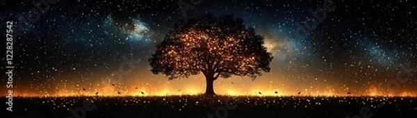 Fototapeta Mystical Star Wars-Inspired Glowing Tree with Cosmic Force Energy, Vibrant Colors, and Ethereal Galaxy