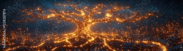 Fototapeta Mystical Star Wars-Inspired Glowing Tree with Cosmic Force Energy, Vibrant Colors, and Ethereal Galaxy