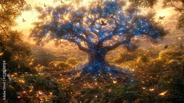 Fototapeta Mystical Star Wars-Inspired Glowing Tree with Cosmic Force Energy, Vibrant Colors, and Ethereal Galaxy