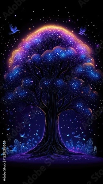 Fototapeta Mystical Star Wars-Inspired Glowing Tree with Cosmic Force Energy, Vibrant Colors, and Ethereal Galaxy