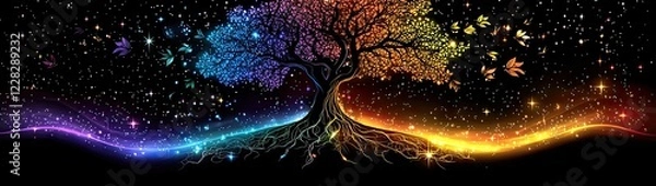 Fototapeta Mystical Star Wars-Inspired Glowing Tree with Cosmic Force Energy, Vibrant Colors, and Ethereal Galaxy