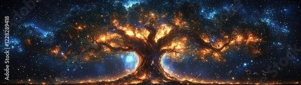 Fototapeta Mystical Star Wars-Inspired Glowing Tree with Cosmic Force Energy, Vibrant Colors, and Ethereal Galaxy