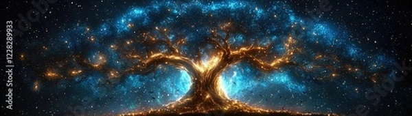 Fototapeta Mystical Star Wars-Inspired Glowing Tree with Cosmic Force Energy, Vibrant Colors, and Ethereal Galaxy