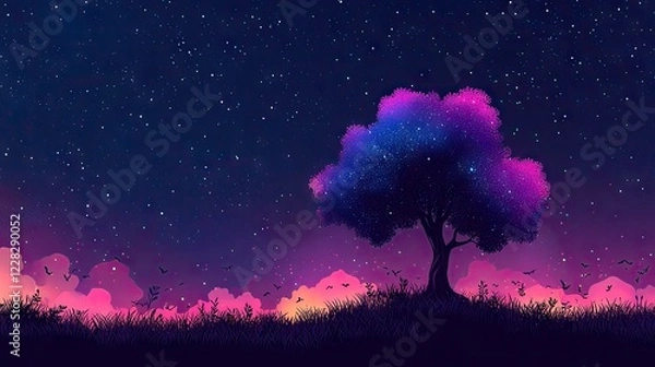Fototapeta Mystical Star Wars-Inspired Glowing Tree with Cosmic Force Energy, Vibrant Colors, and Ethereal Galaxy