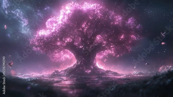 Fototapeta Mystical Star Wars-Inspired Glowing Tree with Cosmic Force Energy, Vibrant Colors, and Ethereal Galaxy