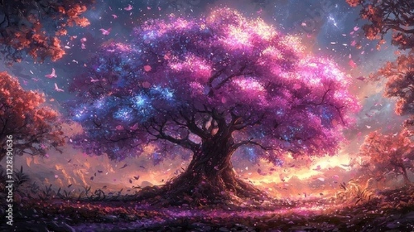 Fototapeta Mystical Star Wars-Inspired Glowing Tree with Cosmic Force Energy, Vibrant Colors, and Ethereal Galaxy