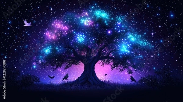 Fototapeta Mystical Star Wars-Inspired Glowing Tree with Cosmic Force Energy, Vibrant Colors, and Ethereal Galaxy