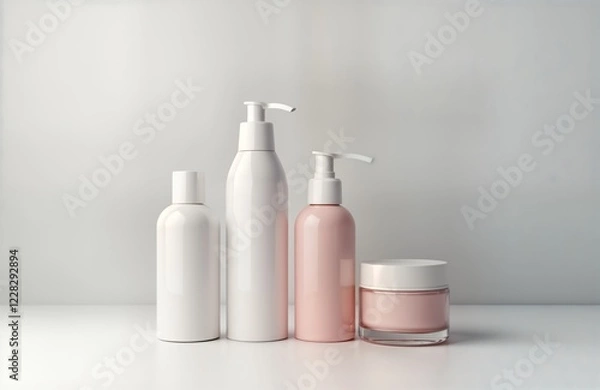 Fototapeta Blank cosmetic bottles, jars in light pink, white colors displayed on white surface. Various shapes, sizes. Mockup ideal for beauty products, skincare. Simple clean design conveys modern aesthetic.
