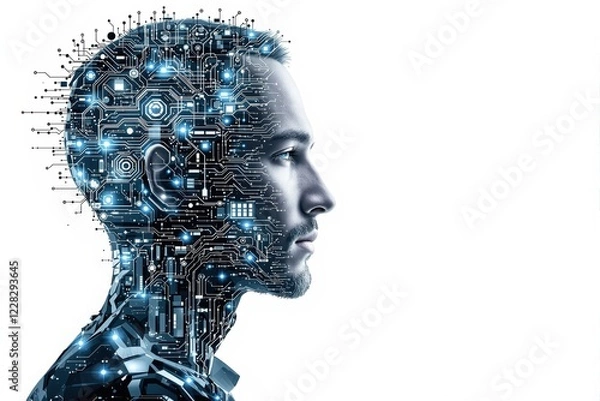 Obraz Cybernetic Man, Futuristic AI and Human Intelligence Merge in Abstract Digital Portrait