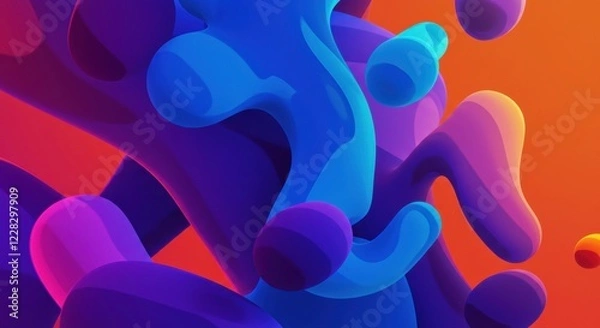 Fototapeta Fluid Dynamics: Abstract artwork featuring vibrant blue, purple, and orange fluid forms interacting dynamically, creating a sense of motion and energy.  