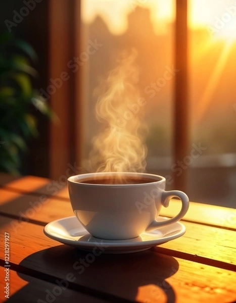 Fototapeta Sunrise warms wooden table steaming cup of coffee sits invitingly. Warm sunlight filters through window creating cozy atmosphere. Hot drink fills white ceramic mug on saucer. Morning light, steam