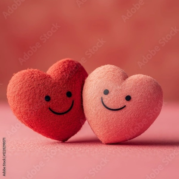 Fototapeta Smiling red paper hearts on pastel pink, representing love and fun. Ideal for Valentine's Day and creative greeting cards.