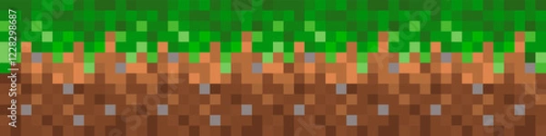 Obraz Grass texture with soil in pixel style. 8-bit pixel art playground. Game ground pixelated background. Vector illustration.