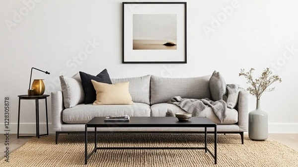 Fototapeta Modern Vertical Frame Mockup: Minimalist Living Room with Gray Sofa, Black Coffee Table, and Navy Blue Accents on White Wall