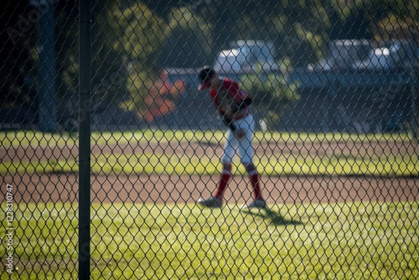 Fototapeta out of focus figure of athlete in baseball field  behind fence