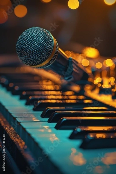 Obraz Close up of a microphone positioned above black and white piano keys illuminated by warm light during a music session