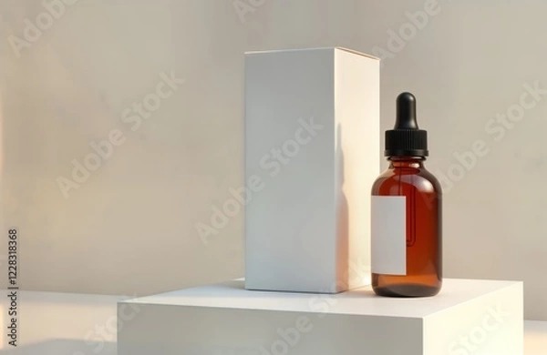 Fototapeta Amber glass dropper bottle, box mockup on light grey background. Empty white box, bottle with blank label. Product design template for cosmetics pharmaceuticals. Presentation mockup for branding,