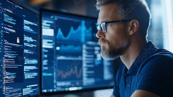 Obraz A focused man with glasses analyzing data on multiple screens