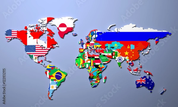 Fototapeta Mapa świata ze wszystkimi państwami i ich flagami ilustracja 3d