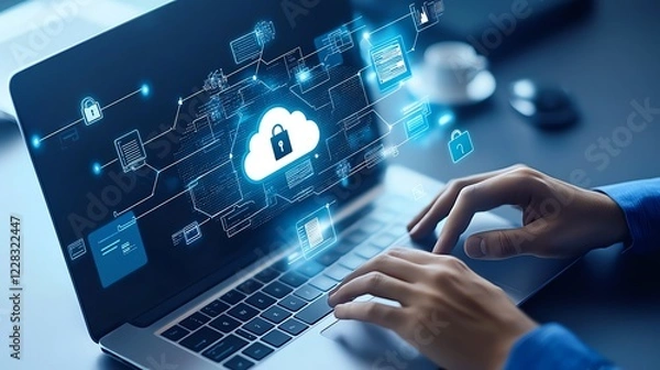 Obraz A person using a laptop with a digital cloud and data protection interface. This image represents modern cybersecurity and cloud computing technologies in action.