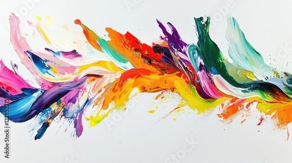 Fototapeta Abstract colorful paint strokes on white canvas, dynamic energy, art studio background, ideal for design projects