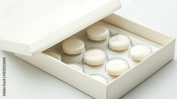 Fototapeta White medicine pills in a cardboard box, open box, studio shot, pills organized in clear plastic compartments
