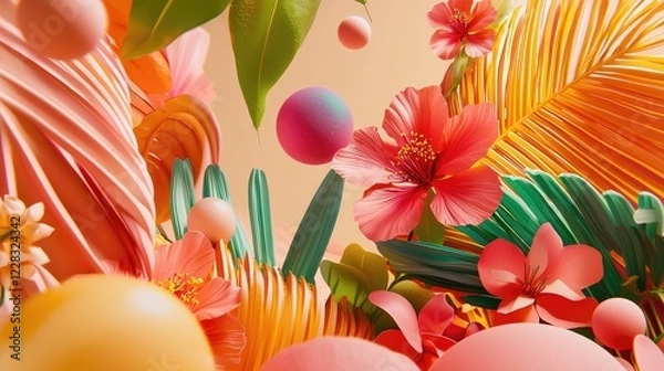 Fototapeta Vibrant tropical floral arrangement, colorful abstract shapes, whimsical design, ideal for spring/summer backgrounds