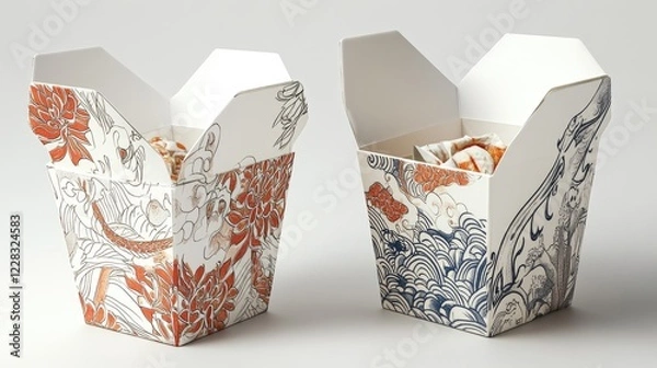 Fototapeta Asian-style food takeout containers, open, on white background, decorative patterns