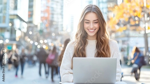 Fototapeta A young woman smiles while working on her laptop in a vibrant urban setting. This image captures the essence of modern city life, blending technology with a lively atmosphere.