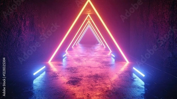 Fototapeta Neon triangle tunnel pathway, glowing, dark,  grungy walls