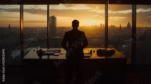 Fototapeta A silhouette of a businessman peering out a window at a cityscape bathed in the golden hues of sunset,考量ing the evolution of the city and the opportunities it holds.