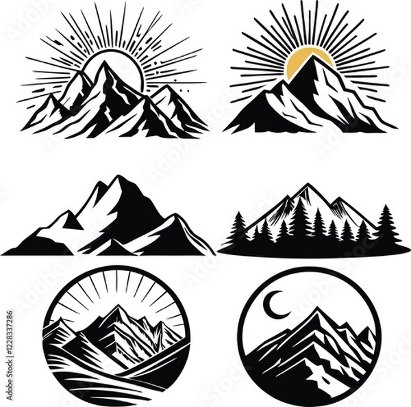 Obraz Set of Mountain Logos with Sun, Moon, and Forest Elements