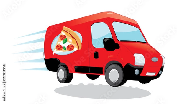 Obraz a vector cartoon representing a funny pizza delivery van