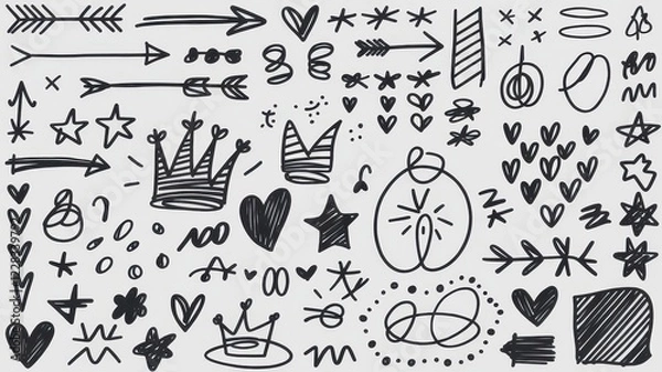 Fototapeta A playful array of hand-drawn doodles featuring arrows, hearts, crowns, and stars on a light background, perfect for creative design projects.