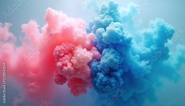 Fototapeta Abstract photo shows pink, blue colored smoke dye mixing on blue background. Colorful cloud-like structures of pink, blue pigments create visually stunning pattern. Abstract art piece mixing of