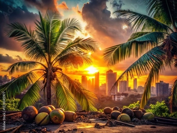 Fototapeta Silhouette of Palm Trees and Coconuts at Dusk, Urban Exploration Photography, Tropical Cityscape