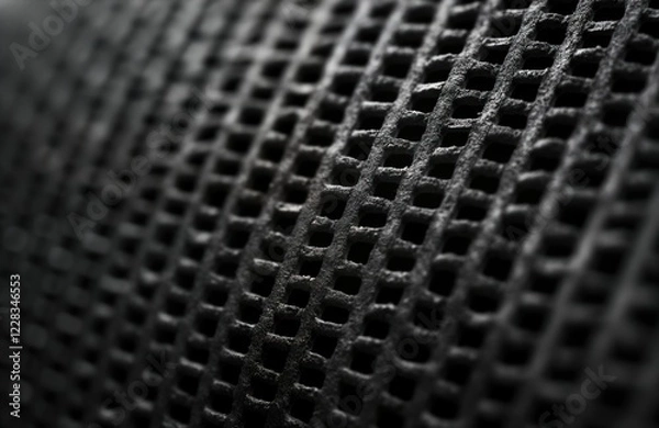 Fototapeta Close-up view of black metal grill mesh texture. Speaker grill pattern with rough texture. Macro view of 3D material. Geometric design of metal squares, holes. Abstract industrial design. Detailed