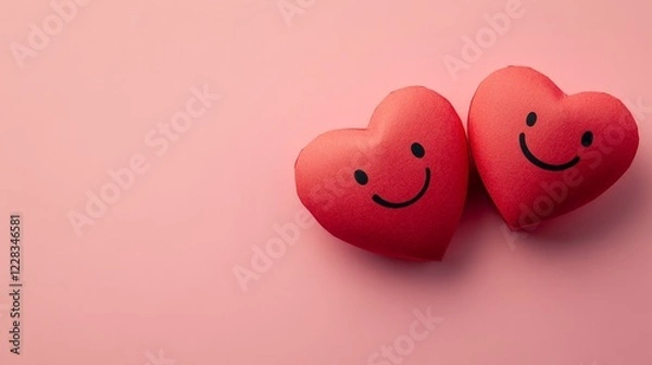 Obraz Two red paper hearts with smiley faces on a pink background. A playful and minimal Valentine's design for creative campaigns or personal use.