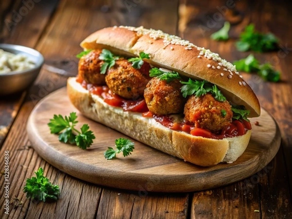 Fototapeta Silhouette of Vegan Lentil Meatball Sub with Tomato Sauce & Cheese on Cutting Board