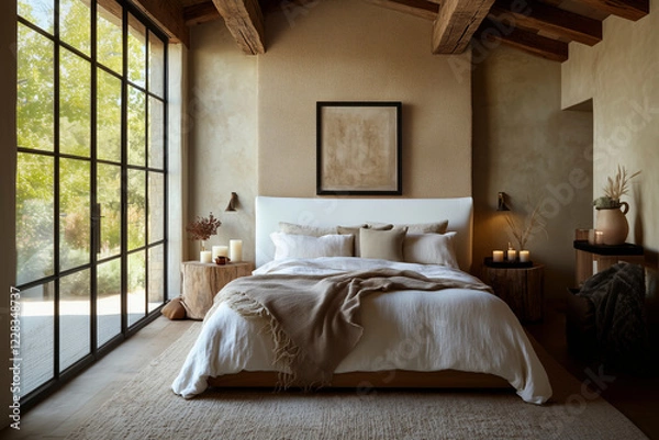 Obraz Modern Minimalist Rustic Bedroom Interior Design: Calm, Serene, and Luxurious Home Decor