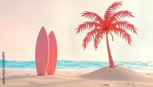 Fototapeta Pink surfboards stand on sandy beach beside stylized palm tree. Calm ocean water stretches in background. Minimalist summer vacation scene. Product display mockup concept. Pastel color palette. Ideal