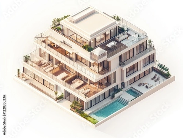 Fototapeta Luxury Modern Multi-Level Mansion with Infinity Pool Stunning Architectural Design Isometric View.