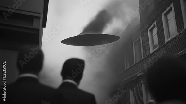 Fototapeta Mysterious ufo crash scene with smoking alien craft in urban setting