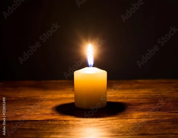 Obraz A single lit candle on a dark wooden table, symbolizing hope and solitude in a minimalist setting.