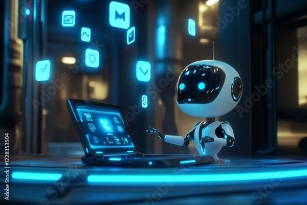 Fototapeta A 3D rendering of a humanoid robot using a laptop in an office during nighttime - Generated AI