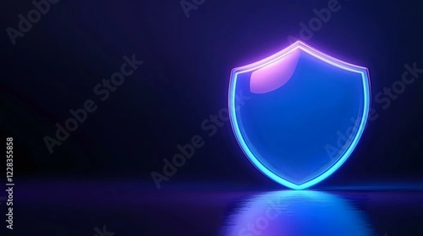 Fototapeta Glowing neon shield symbol on dark background with reflection, blue and purple gradient light effect for cybersecurity and protection concepts.