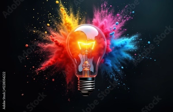 Fototapeta Colorful light bulb explodes with bright colorful paint splashes. Creative concept shows innovation, inspiration. Bright colors, dynamic motion represent new ideas, technology. Business, education,