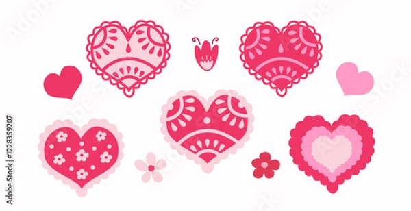 Fototapeta Set of hearts. Hand-drawn illustration with hearts. Elements for postcards, greetings, posters, printing on paper and fabric. A symbol of love for Valentine's Day. Collection of cute vector hearts.